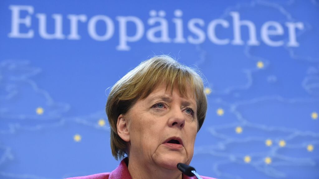 German chancellor Angela Merkel gives a joint press conference in Brussels during the European Union summit to discuss the ongoing refugee crisis. Photograph: John Thys/AFP/Getty Images