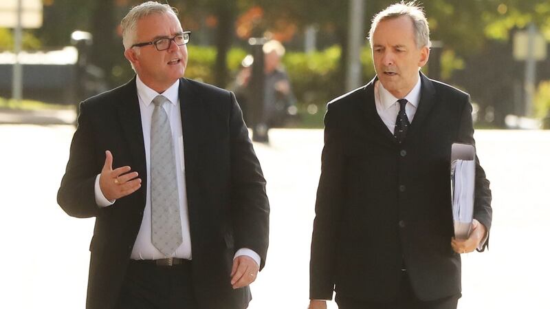 Former DUP minister Jonathan Bell (left) and his solicitor Denis Moloney arrive at the RHI inquiry at Stormont buildings in Belfast on Thursday, September 6th.  Photograph: Niall Carson/PA