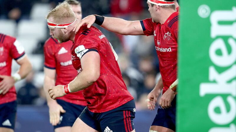 Munster’s Jeremy Loughman celebrates his try in the Heineken Champions Cup match against Ospreys at the Liberty stadium in Swansea. Photograph: Dan Sheridan/Inpho