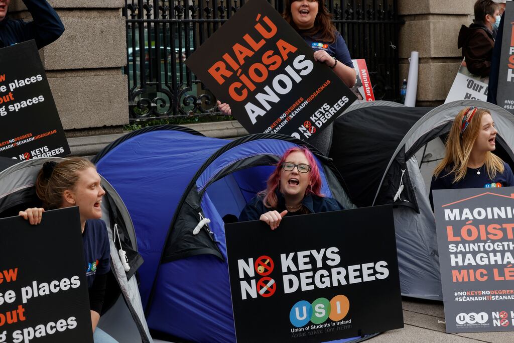 A Union of Students in Ireland protest outside the Dáil on October 23rd, 2022, urging the Government to take action on the student accommodation crisis. Photograph: Alan Betson/The Irish Times