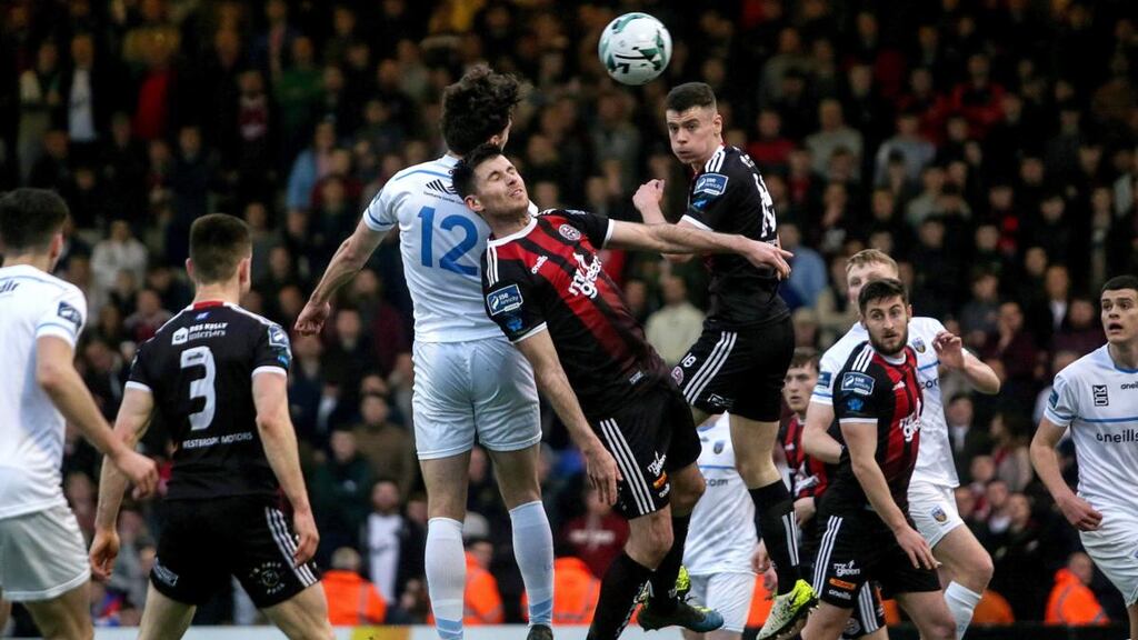 UCD’s Richie O’Farrell in action against Dinny Corcoran and Conor Levingston of Bohemians during the SSE Airtricity League Premier Division game at Dalymount Park. Photograph: Laszlo Geczo/Inpho