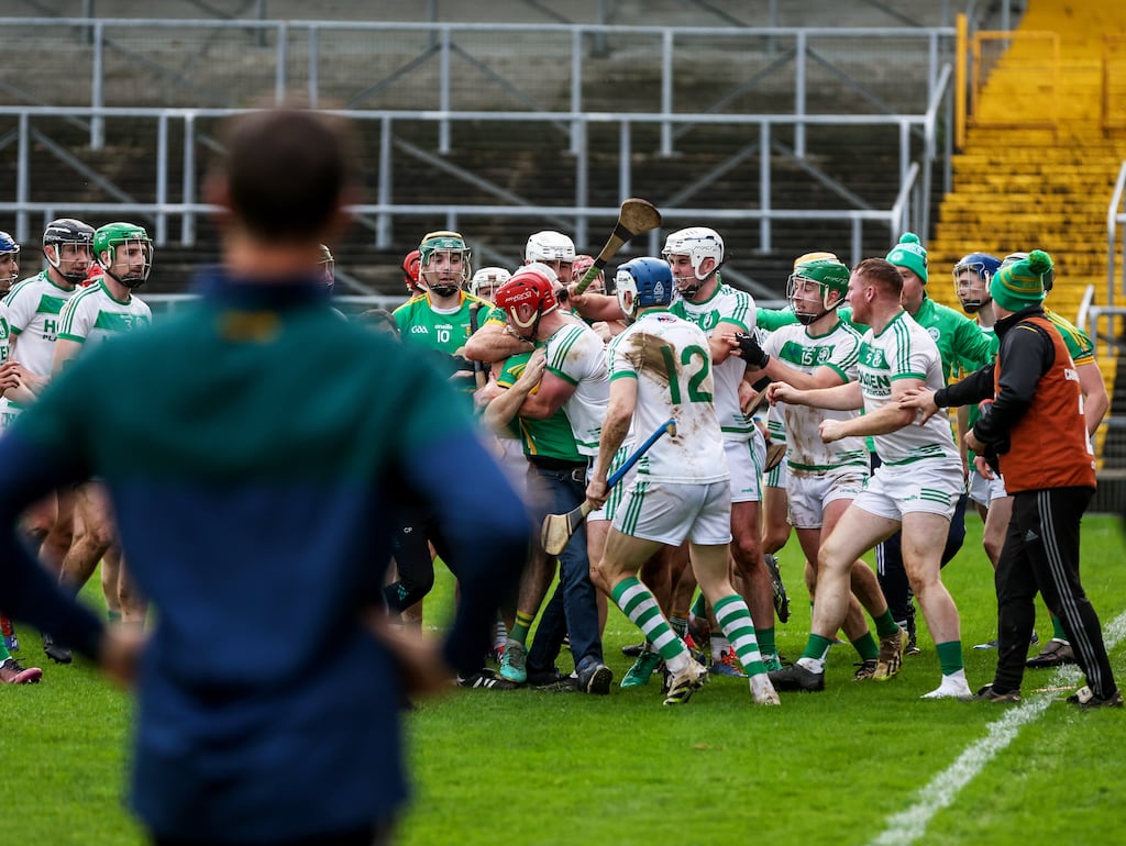 A fight breaks out at full-time after Ballyhale Shamrocks game against Kilcormac-Killoughey. Photograph: Dan Clohessy/Inpho