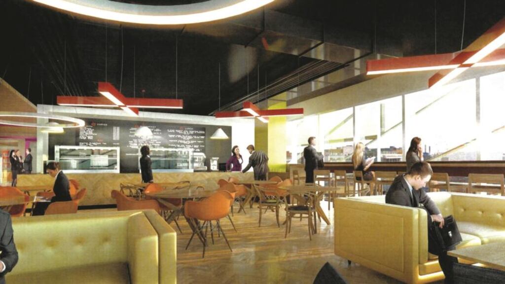 A computer-generated view of the seventh-floor  cafe with an outside terrace planned for the new Central Bank headquarters, which will be built on the Dublin docklands site once earmarked as a head office for the former Anglo Irish Bank