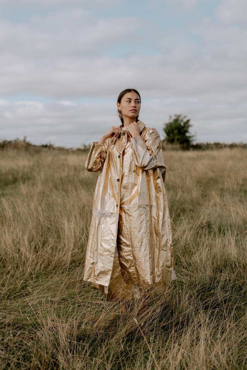 Gold linen coat (€800), from Kindred of Ireland