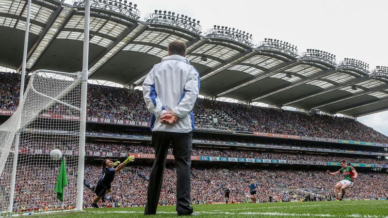 Cillian O’Connor scores a late penalty past Dublin goalkeeper Stephen Cluxton in last year’s drawn All-Ireland semi-final in Croke Park. Photograph: James Crombie/Inpho