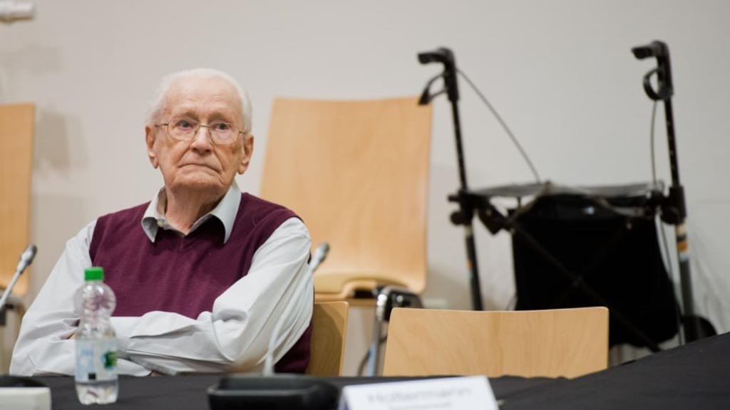 Former Nazi death camp officer Oskar Gröning, dubbed the ‘bookkeeper of Auschwitz’, is on trial charged with accessory to murder in 300,000 cases of deported Hungarian Jews who were sent to the gas chambers. He faces up to 15 years in jail. Photograph: Julian Stratenschulte/AFP/Getty Images