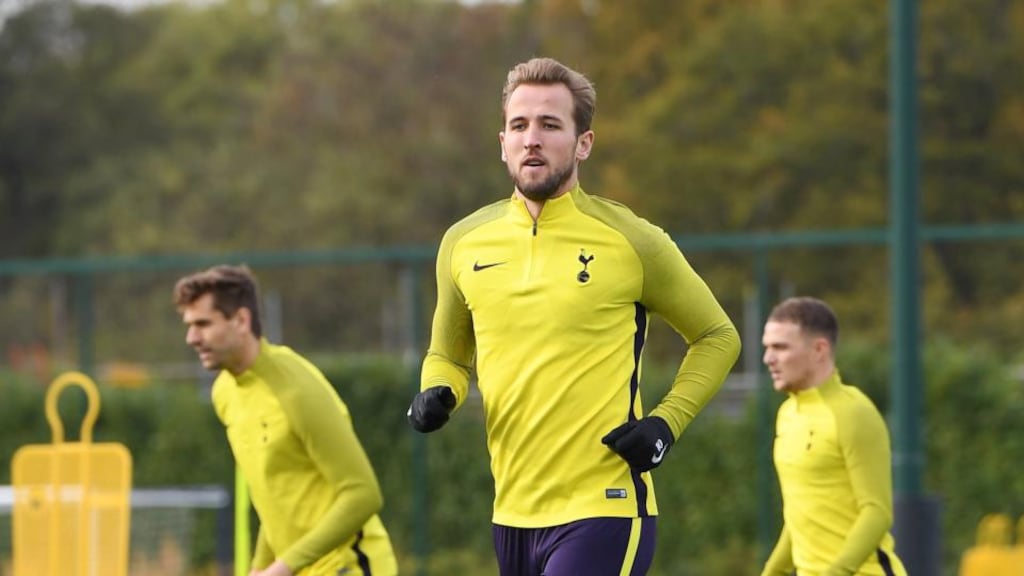 Tottenham’s Harry Kane during a training session in north London ahead of the visit by Real Madrid. Photograph: EPA/Andy Rain
