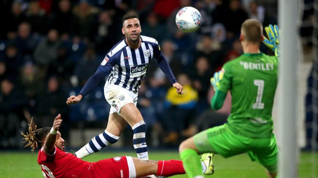 West Bromwich Albion’s Hal Robson-Kanu shoots towards the goal during the Championship match against Bristol City at The Hawthorns. Photograph: Nick Potts/PA Wire