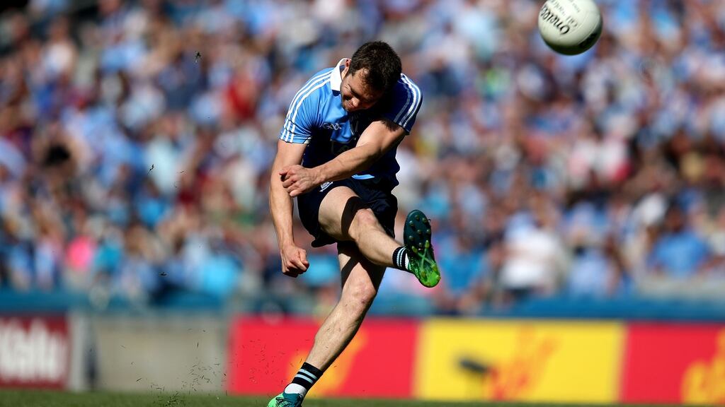 Dublin’s Dean Rock kicking a free against Laois in the Leinster Final. The challenge for Dublin is to keep tuned up, that’s the hardest job when you’re on top of the playing tree. Photograph: Bryan Keane/Inpho