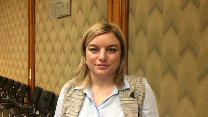 Eleonora Bekirova, a Crimean Tatar journalist who says her father Edem Bekirov has been wrongly accused by Russia of transporting explosives and ammunition into Crimea. Photograph: Daniel McLaughlin