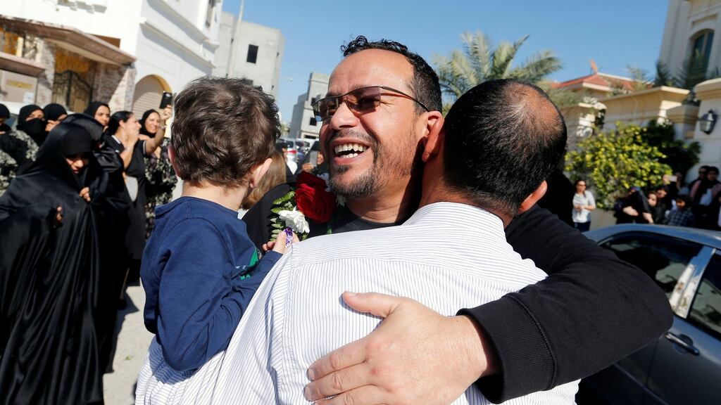 Paediatric surgeon Ali Al-Ekri greets family members on his release from prison in Manama, Bahrain, after five years. He strongly criticised the military’s excessive use of force against protesters in 2011. Photograph: Hamad I Mohammed/Reuters