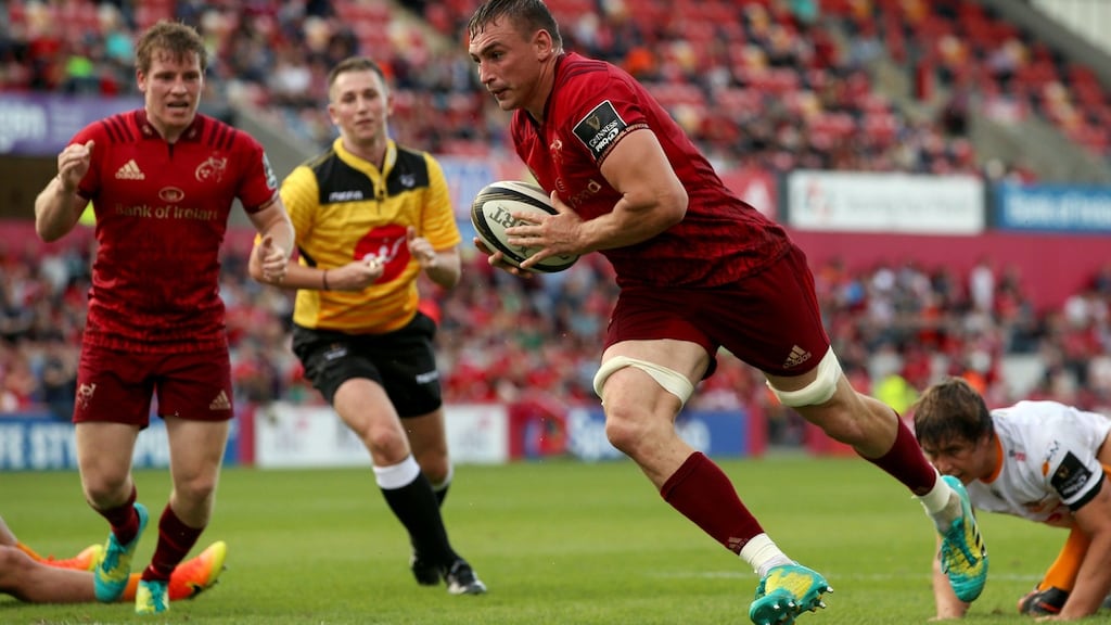 Munster’s Tommy O’Donnell runs in a try. Photograph: Tommy Dickson/Inpho