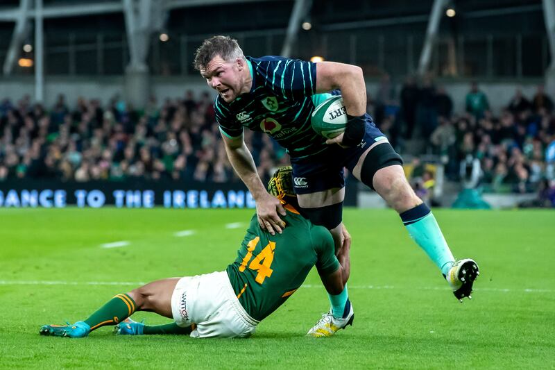 Peter O’Mahony is tackled by Kurt-Lee Arendse of South Africa during the recent international at the Aviva Stadium. Photograph: Morgan Treacy/Inpho