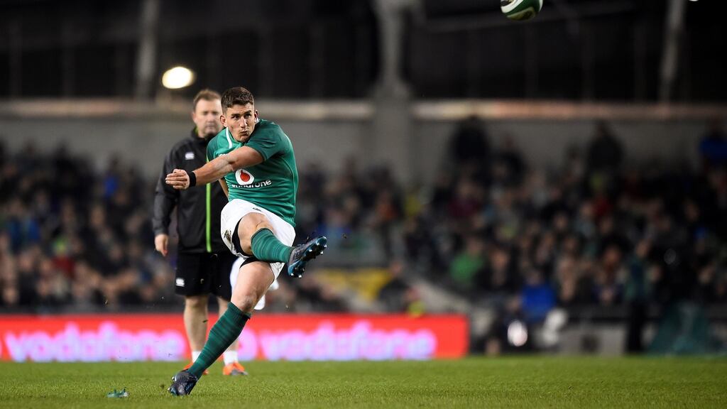 Ireland’s Ian Keatley kicks a penalty in their Guinness Series win over Fiji. Photo: Clodagh Kilcoyne/Reuters
