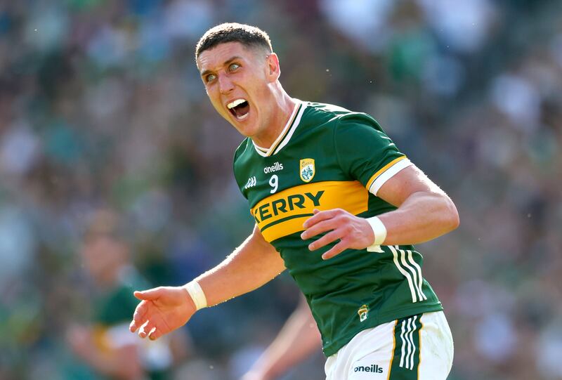 Kerry’s Joe O’Connor celebrates scoring a point. Photograph: James Crombie/Inpho