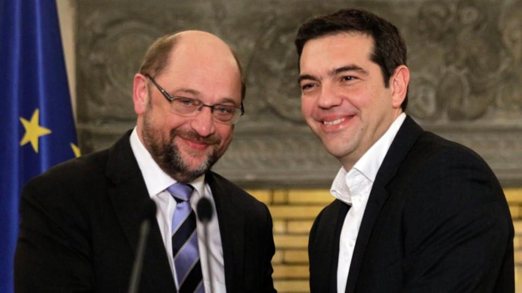 Martin Schulz, president of the European Parliament, greets new Greek prime minister Alexis Tsipras in Athens. They held talks amid an escalating dispute with the country’s international creditors. Photograph: Orestis Panagiotou/EPA