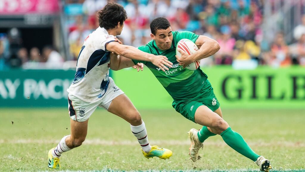 Ireland Sevens’s Jordan Conroy in action against Hong Kong in the series qualifier final in Hong Kong Stadium. Photograph: Yu Chun Christopher Wong/Inpho