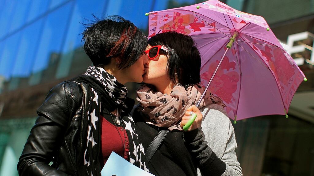 Maria Nugent (left) and Denise Morrisey outside the Gaiety Theatre in Dublin. Photograph: Julien Behal/PA Wire