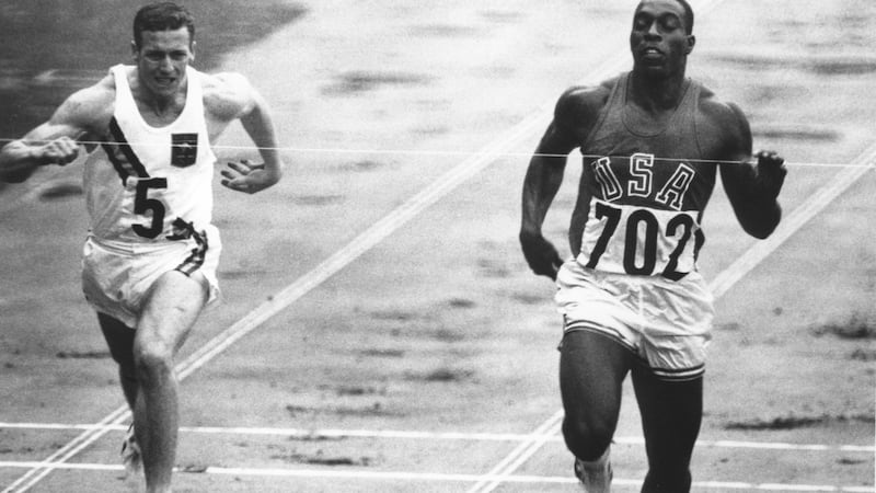 Bob Hayes (right) who won the Olympic 100m inside this same stadium during its previous guise as the venue for the 1964 Tokyo Olympics. Photograph: Allsport Hulton/Archive