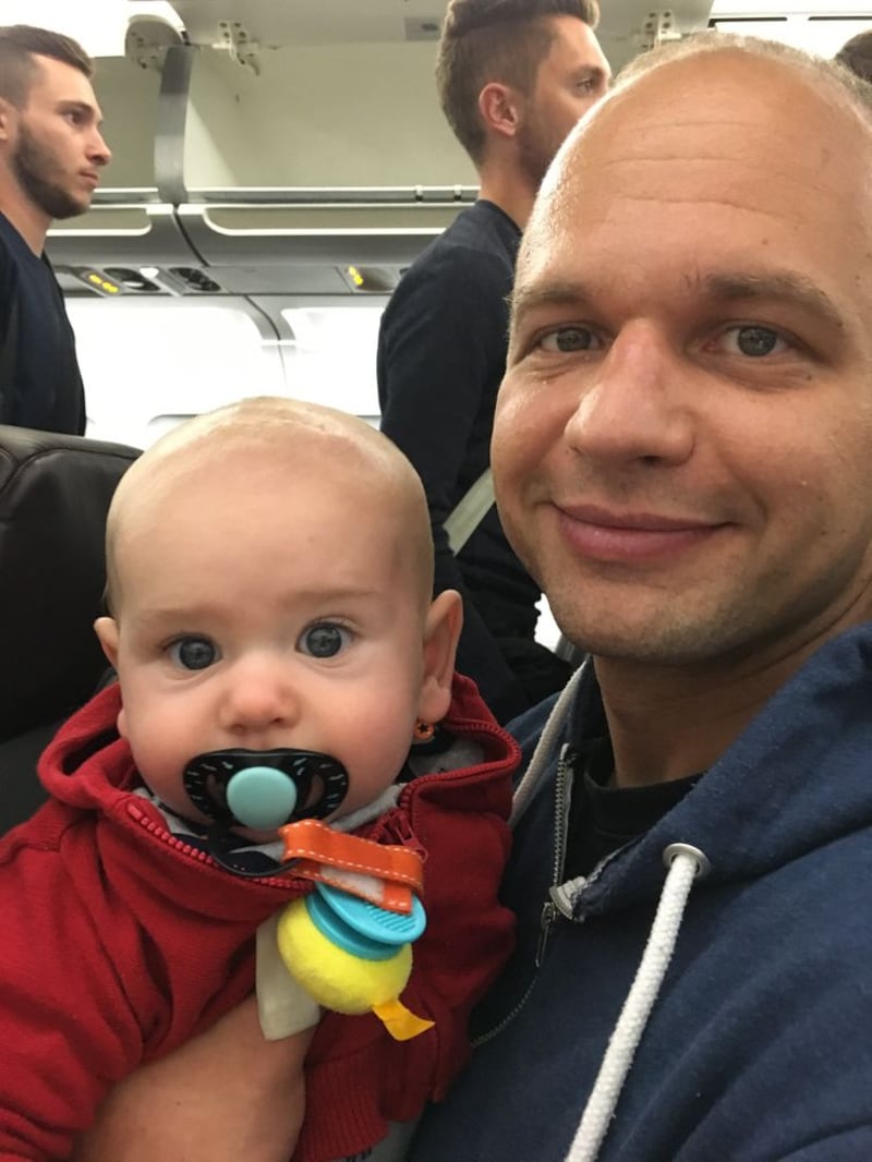 Ready for take-off: Renaud Hutin with baby Bastien Hutin