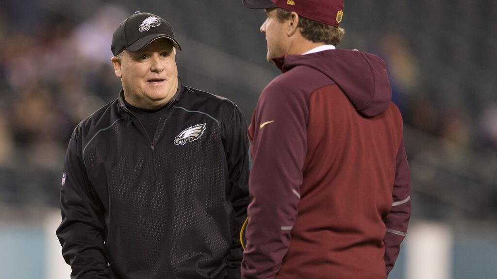 Philadelphia Eagles head coach Chip Kelly (left), fired three days after Eagles’ loss to NFC East rivals Washington. Photograph: Mitchell Leff/Getty Images