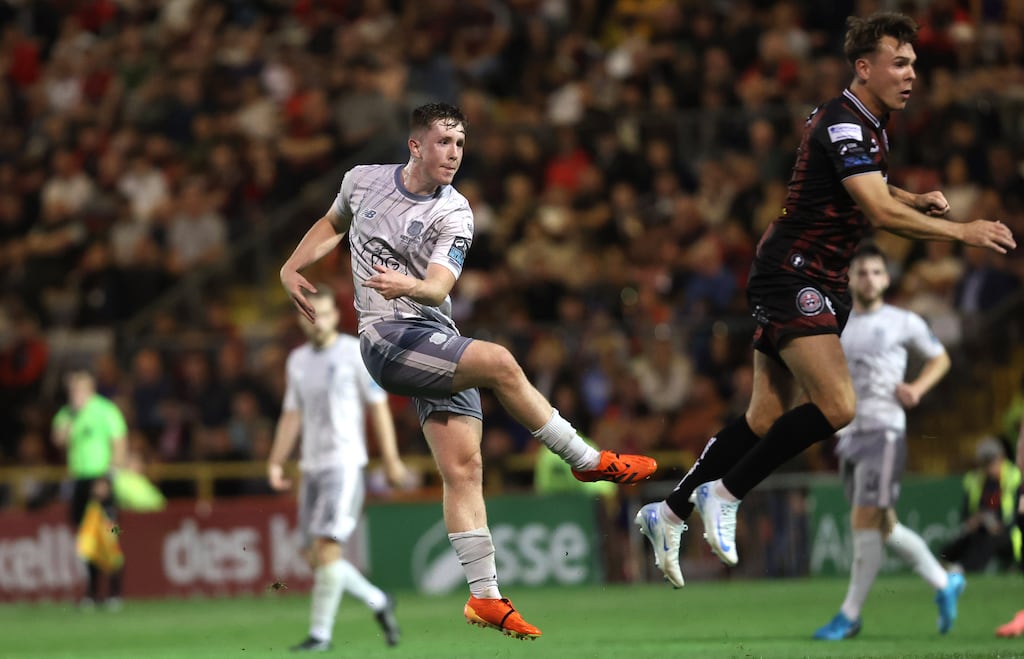 Waterford's Samuel Glenfield scores his side’s third goal. Photograph: Bryan Keane/Inpho