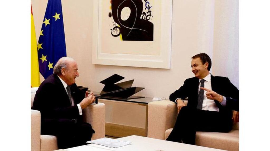 Spain's Prime Minister Jose Luis Rodriguez Zapatero (right) shares a laugh with Fifa president Sepp Blatter during their meeting at Madrid's Moncloa Palace last Monday. Blatter was taking time out to out to reassure one and all that everything would be hunky dory - like the highway construction in Gauteng, by the time the World Cup kicks off. - (Photograph: Andrea Comas/Reuters)