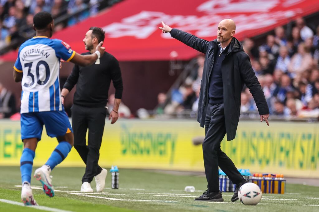Manchester United manger Erik ten Hag issues instructions to players during the FA Cup semi-final against Brighton which United won 7-6 on penalties. Photograph: EPA