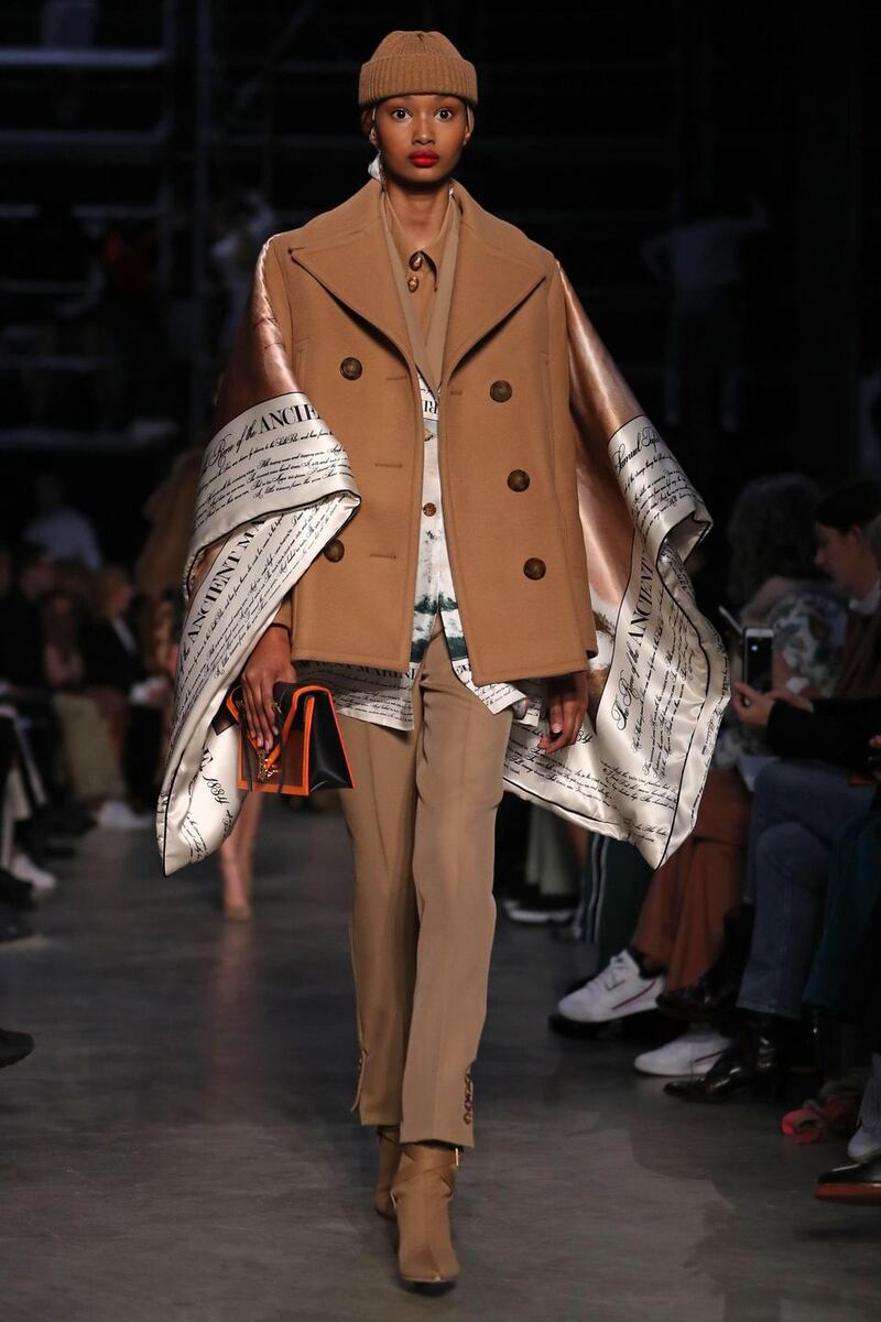 A model presents a creation during the British fashion house Burberry 2019 Autumn / Winter collection catwalk show at London Fashion Week in London. Photograph: Daniel Leal-Olivas/AFP/Getty Images)