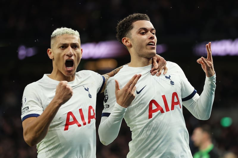 Brennan Johnson celebrates his late winner with Tottenham Hotspur team-mate Richarlison during the Premier League match against Brighton at Tottenham Hotspur Stadium. Photograph: Richard Pelham/Getty Images