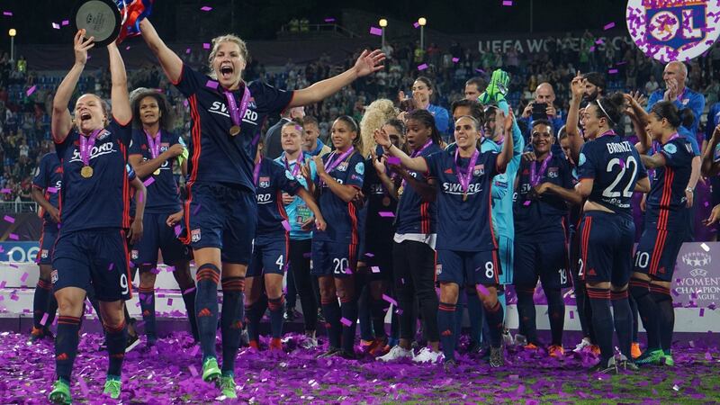 Olympique Lyonnais players celebrate their Women’s Champions League win over VFL Wolfsburg at Kyiv in May 2018. Photograph: Kieran Galvin/NurPhoto via Getty Images