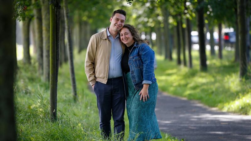 Cahal Sweeney from Dublin and his girlfriend Abbi Purches from Boston who have been separated for over six months during Covid-19. Photograph: Crispin Rodwell