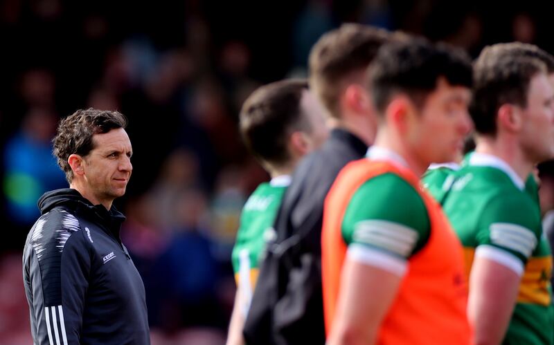 Tony Griffin, former Clare hurler and Kerry's performance coach, with the Kerry players before the league game against Tyrone last March at Healy Park in Omagh. Photograph: James Crombie/Inpho