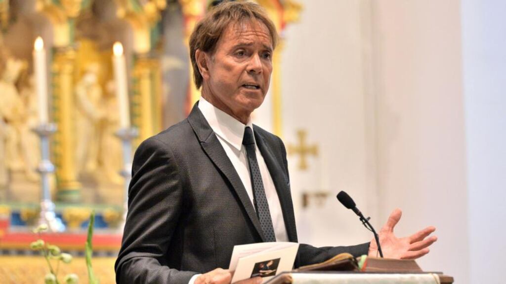 Sir Cliff Richard speaks at the funeral of Cilla Black. Photograph: Ray Tang/REX Shutterstock/PA Wire