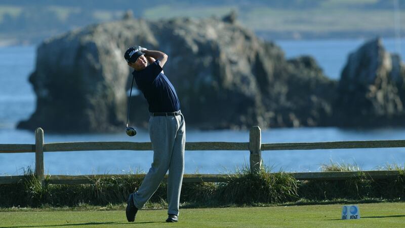 Davis Love III hits off the 18th tee during the final round of the 2003 AT&T Pebble Beach National Pro-Am. Photograph: Jeff Gross/Getty Images