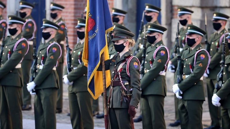 Lt Zara Bolger, flag bearer, with Guard of Honour from 3 Infantry Battalion Stephen’s Barracks, Kilkenny at the State commemoration to mark the centenary of the handover of Dublin Castle, Dame Street, Dublin. Photograph: Dara Mac Dónaill