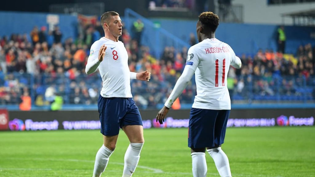 Ross Barkley celebrates his opening goal with Callum Hudson-Odoi. Photograph: Michael Regan/Getty
