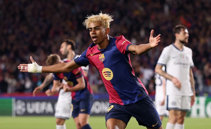 Lamine Yamal celebrates scoring his team's first goal during the Champions League semi-final at the the Barcelona Olympic Stadium. Photograph: Carl Recine/Getty Images