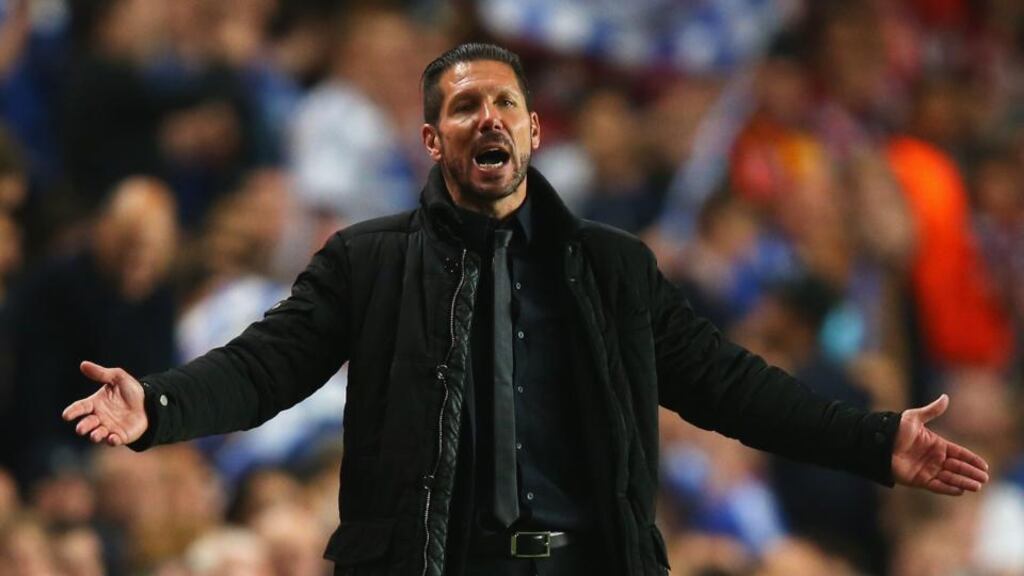 Atletico Madrid coach Diego Simeone during the Uefa Champions League semi-final second leg match against Chelsea at Stamford Bridge. Photograph: Clive Rose/Getty Images