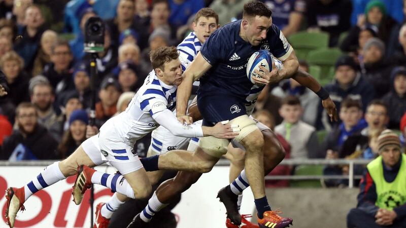 Jack Conan on his way to scoring Leinster’s first try during the Champions Cup match against Bath at the Aviva Stadium. Photograph: David Rogers/Getty Images