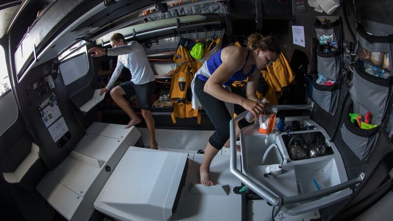 In my new role as chef I add a touch of olive oil to my freeze dried food. Photo: Sam Greenfield/Volvo Ocean Race