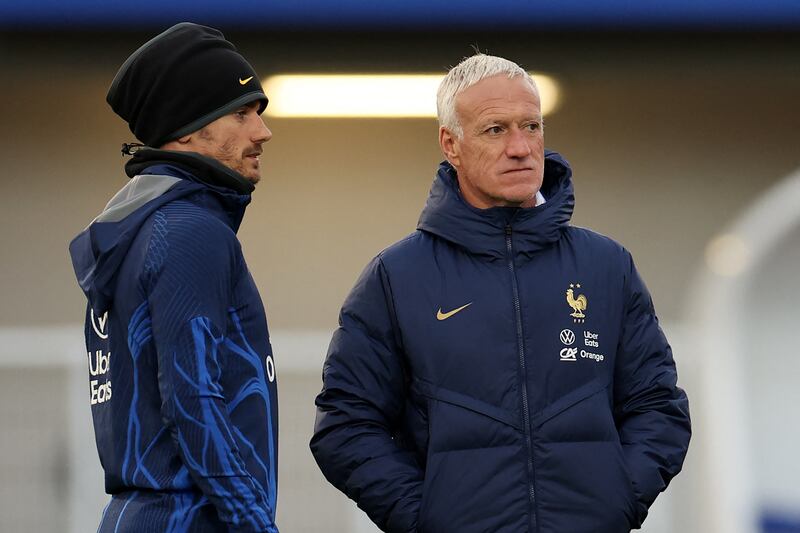 No words: Antoine Griezmann and Didier Deschamps during a training session in Clairefontaine-en-Yvelines this week. Photograph: Franck Fife/AFP via Getty Images