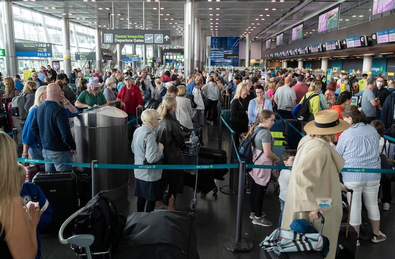 The check-in area at Dublin Airport in late June as Aer Lingus announced flight cancellations because of staff shortages due to a Covid-19 surge.. Photograph: Colin Keegan/Collins Dublin