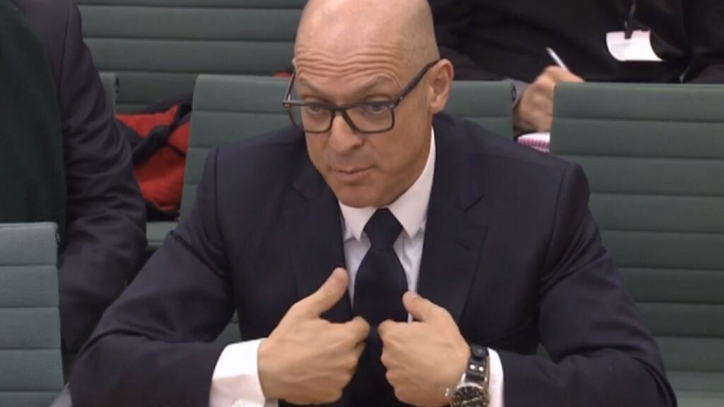 A video grab from footage broadcast by the UK Parliament’s Parliamentary Recording Unit (PRU) shows Team Sky director Dave Brailsford answering questions at a Commons select committee in London.