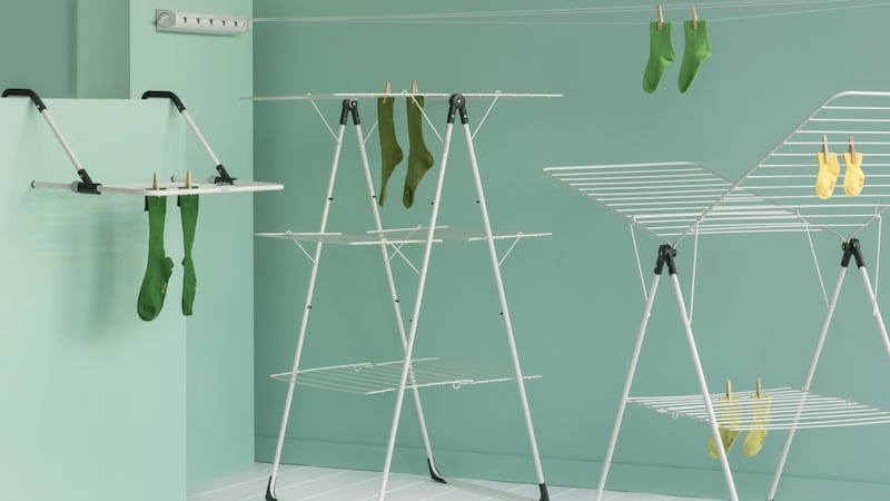 The more basic ivory models include, left to right, an over-door or radiator rack, €39.95; a 23m drying tower, €115, a 20m drying rack, €84.95, and above these is a pull-out drying line offering 22m of hanging, €28.95, from The Organised Store