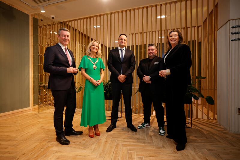 Frank O'Keeffe, managing partner, EY Ireland; Siobhan O'Shea, Dublin Chamber president and director, Indeed; Taoiseach Leo Varadkar; Samuel Dennigan, founder and CEO of Strong Roots; and Mary Rose Burke, Dublin Chamber CEO, at the organisation's 2024 annual general meeting. Picture: Conor McCabe Photography
