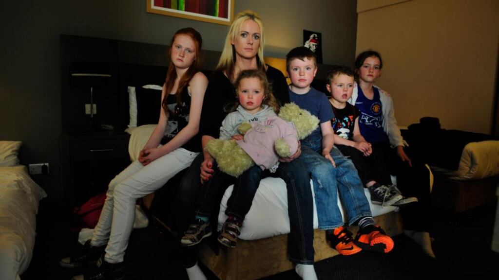 Charlene Murray from Shankill with her five children: Casey (12), Zara (10), James (8), Kealum (4) and Skye (4). The family have been living in a hotel in Citywest for the past three months. Photograph: Aidan Crawley
