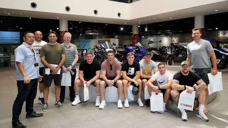 Rory Best, IRFU performance director, David Nucifora, head of operations, Gerard Carmody, Tadhg Furlong, Peter O’Mahony, Garry Ringrose, Jacob Stockdale, Jordan Larmour, Andrew Porter and CJ Stander visit the yamaha Motorcycle Factory in Shizuoka, Japan. Photograph: Dan Sheridan/Inpho