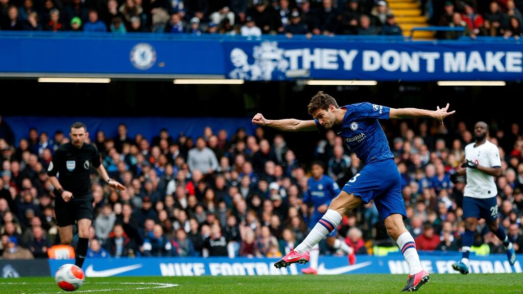 Chelsea’s Marcos Alonso scores his team’s second goal during their win over Spurs. Photograph: Ian Kington/Getty/AFP