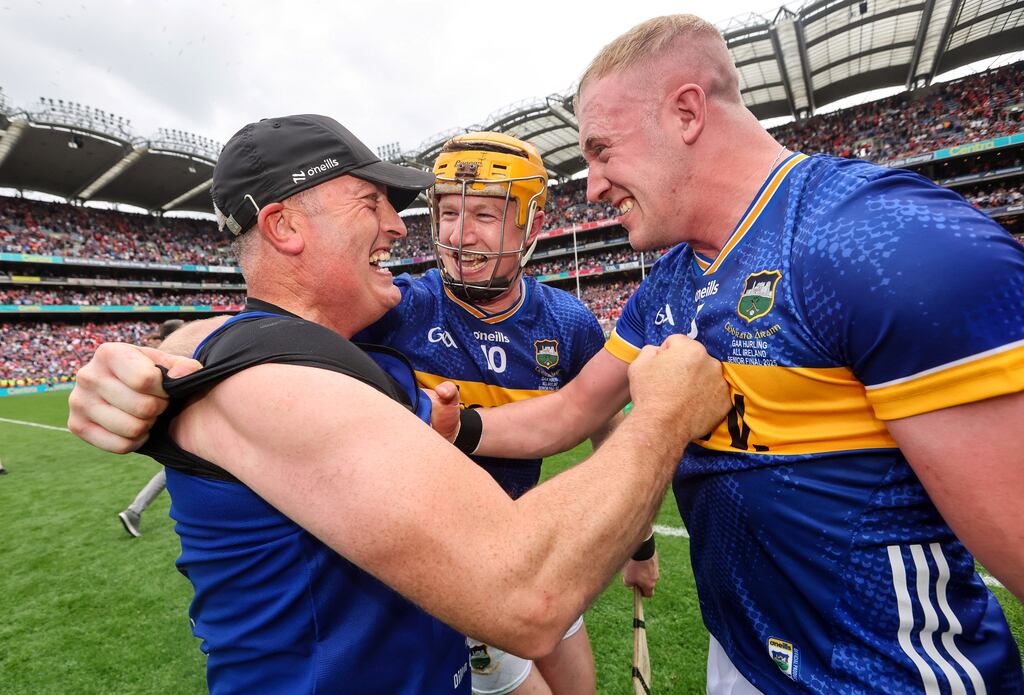 Tipperary manager Liam Cahill celebrates with Jake Morris and Eoghan Connolly after Sunday's All-Ireland SHC final victory against Cork at Croke Park. Photograph: Bryan Keane/Inpho